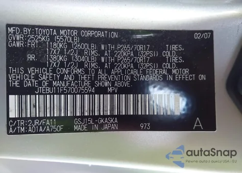 2007 Toyota Fj Cruiser z USA, uszkodzony, nr VIN JTEBU11F570075594